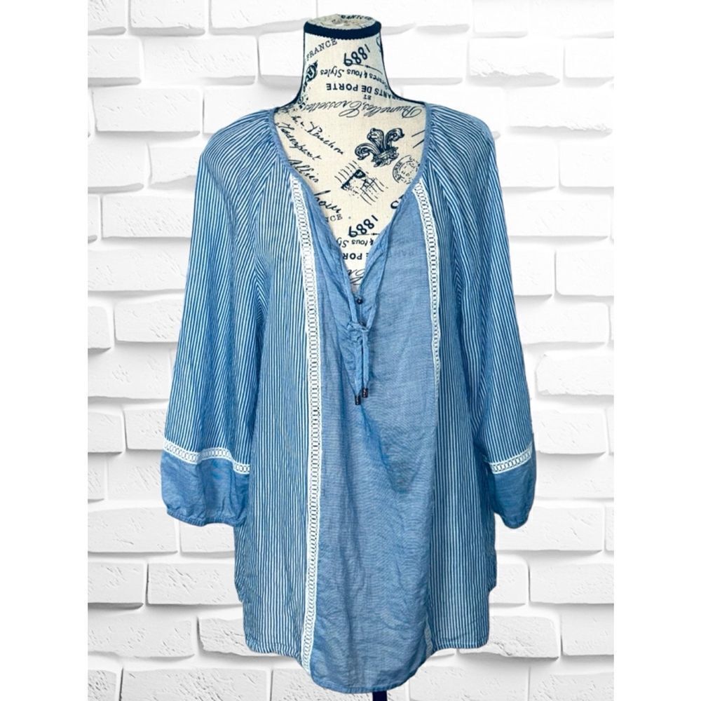 Ivanka Trump Women’s Sz. Large Blue White Striped Relaxed Fit Puff Sleeve Blouse